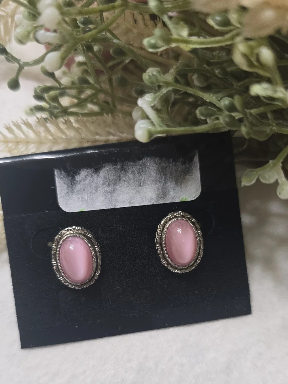 Vintage Pink Oval Cabochon Silver-Trim Stud Earrings